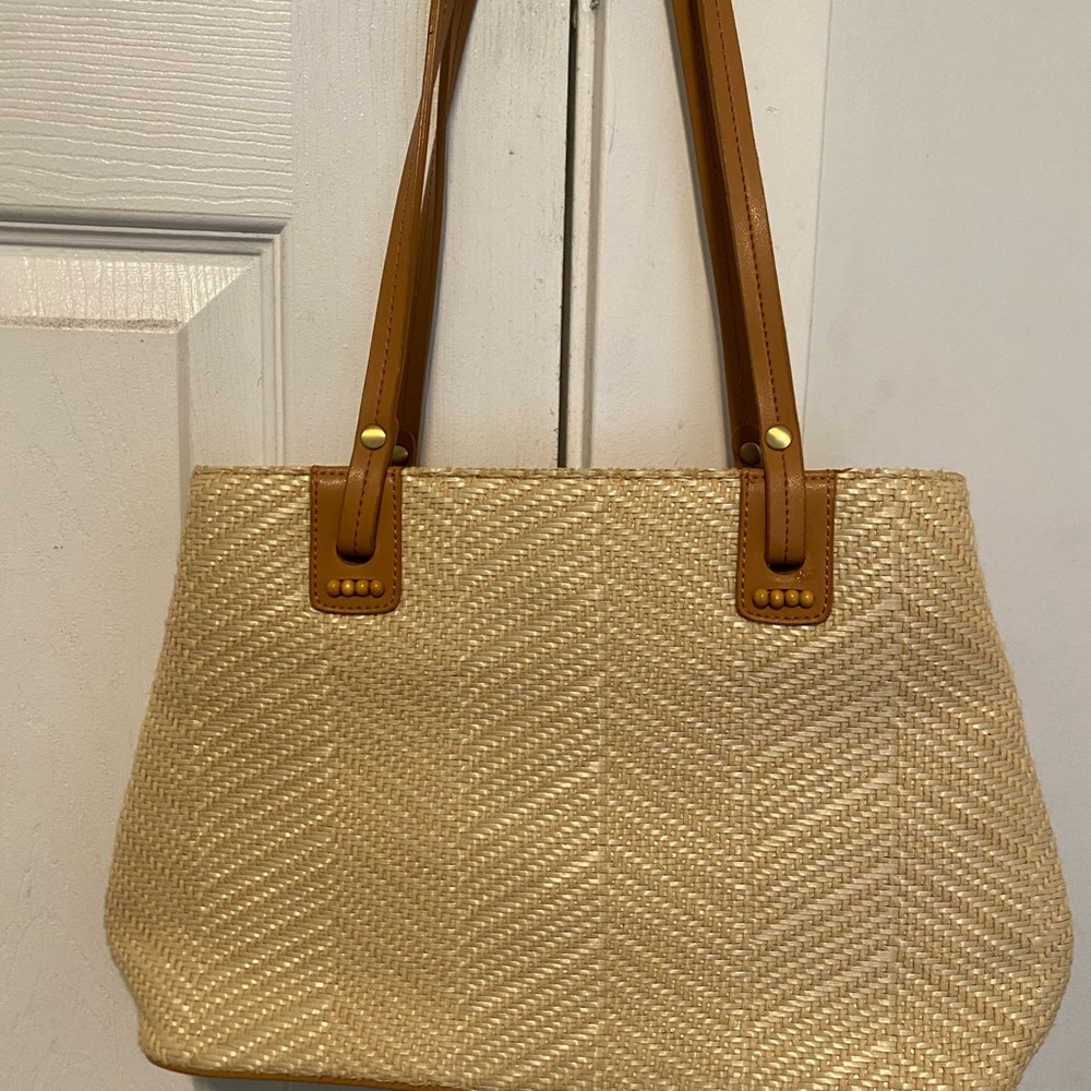 Relic Woven Straw Tote Bag with Tan Leather Straps
